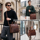 Leder-Business-Tasche salerno braun, Schulter- und Handgriff, Laptopfach 13–14 Zoll, Modelle in Stadt, STILORD-Logo sichtbar