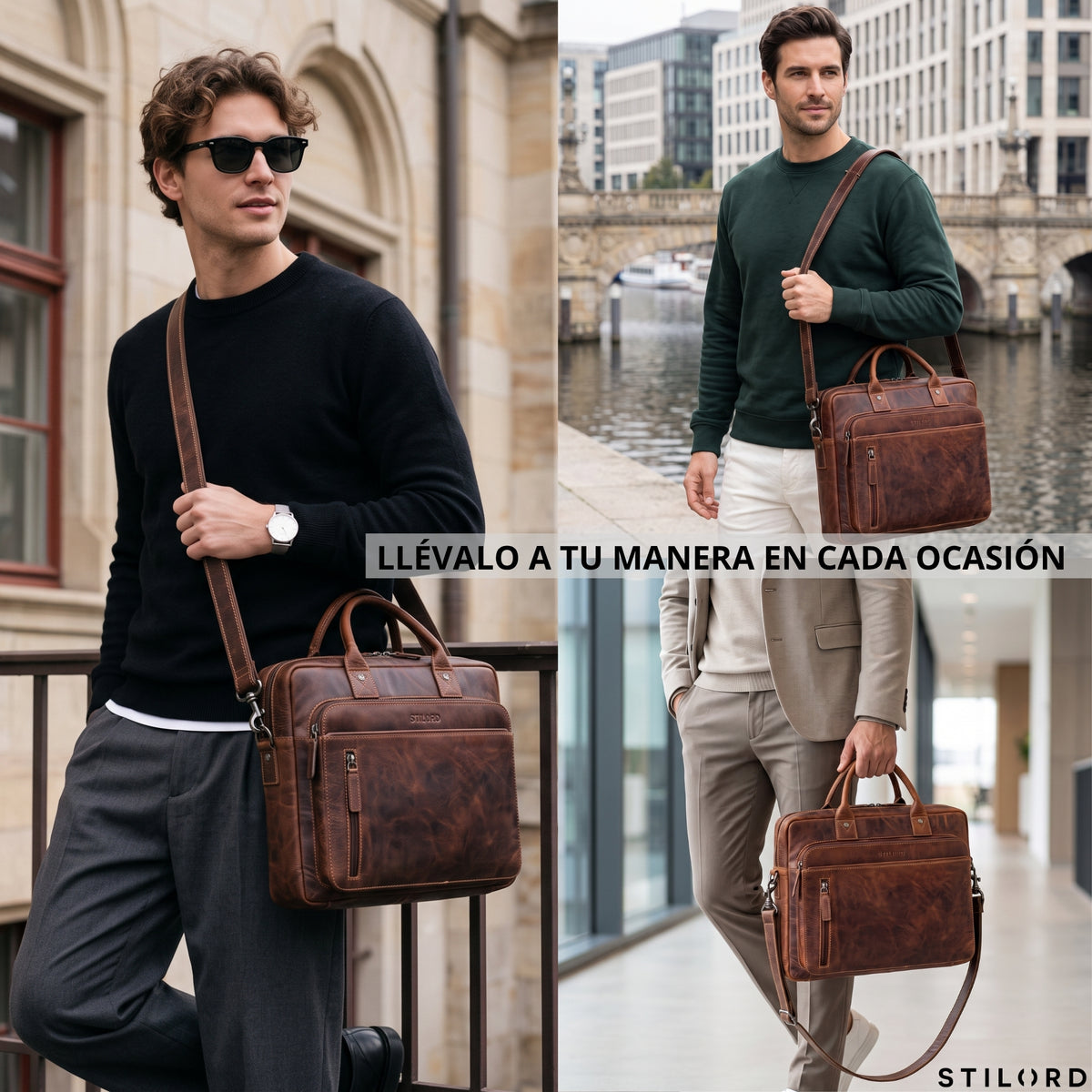 Leder-Business-Tasche salerno braun, Schulter- und Handgriff, Laptopfach 13–14 Zoll, Modelle in Stadt, STILORD-Logo sichtbar