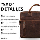 Braune Leder-Business-Tasche salerno, Frontdetail mit Reißverschlussfach und geprägtem STILORD-Logo