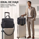 Schwarze Leder-Business-Tasche mit Laptopfach 13–14 Zoll auf Rollkoffer, Frontansicht, Mann im Anzug