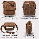 Bandolera plana de hombre en cuero bovino marrón, vistas frontal/trasera/superior/lateral, correa ajustable, bolsillo trasero con cremallera para tablet 8 pulgadas