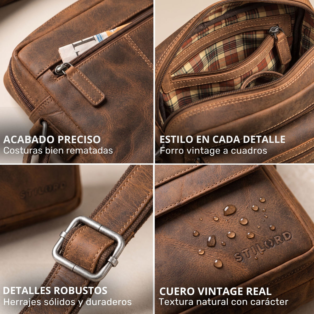 Collage de primeros planos del bolso bandolera plano para hombre en piel bergamo marrón: costuras, forro a cuadros, hebilla y gotas de agua con logo STILORD