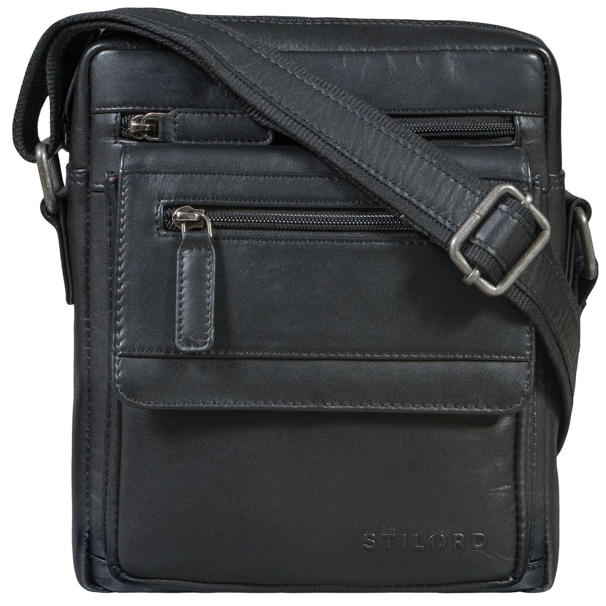 Pequeña bandolera de cuero negro, plana para tablet de 8 pulgadas, bolsillos frontales con cremallera, correa ajustable, marca STILORD visible