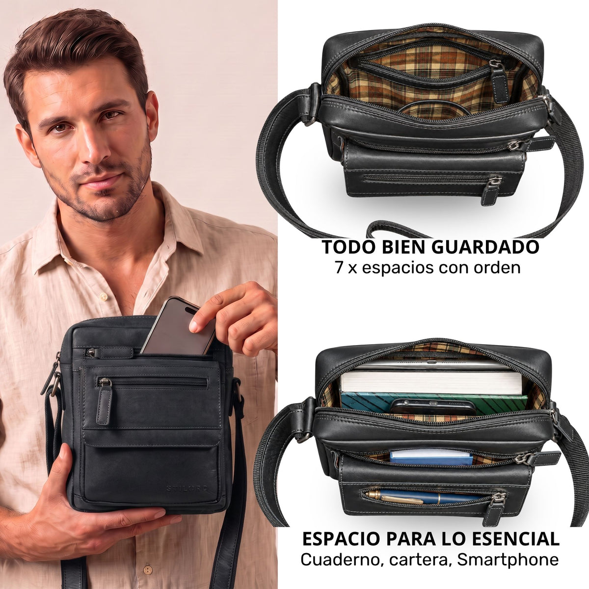 Bandolera plana de piel negra sostenida por hombre, compartimentos abiertos y espacio para tablet de 8 pulgadas, forro a cuadros visible