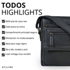 Bandolera pequeña de cuero negro, diseño plano para tablet de 8 pulgadas, bolsillos frontales con cremallera y correa ajustable